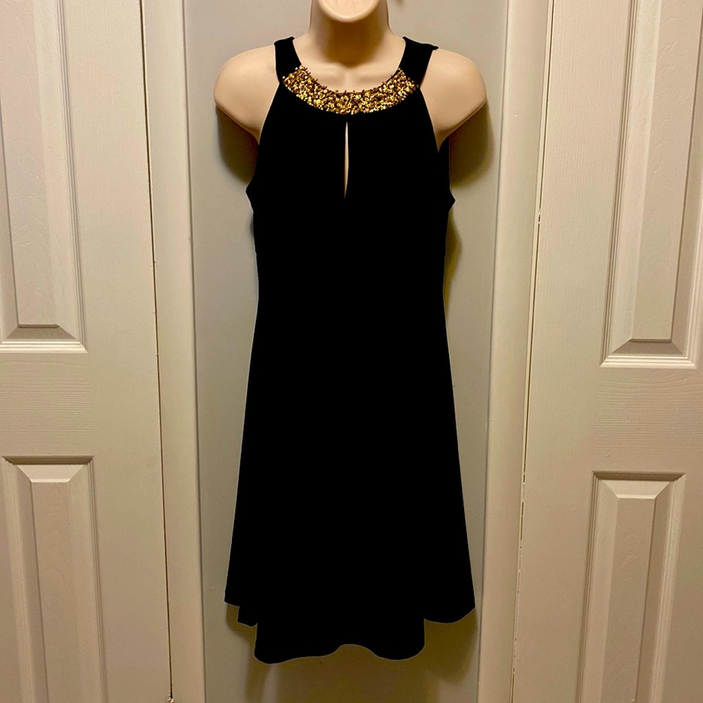 Black Cocktail Dress Gold Sequin Neckline M